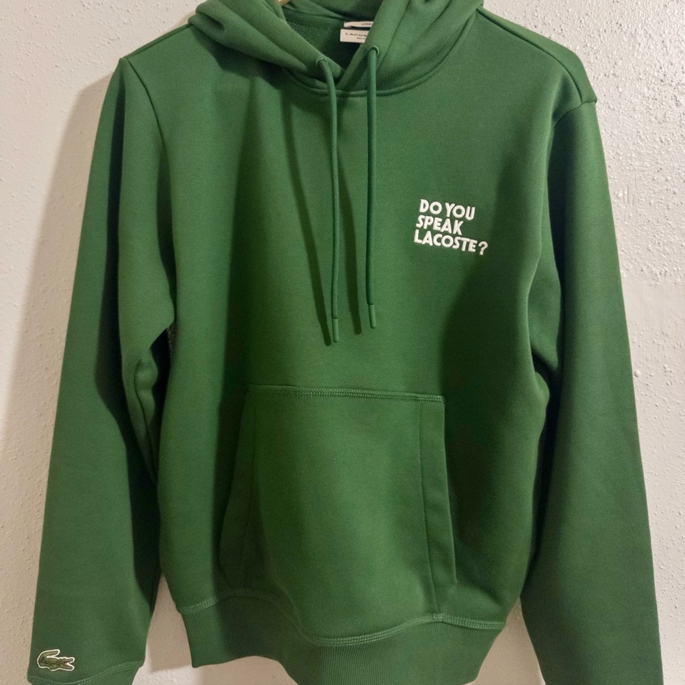 Lacoste Forest Green “Do You Speak Lacoste?” Hoodie. Women’s Small.